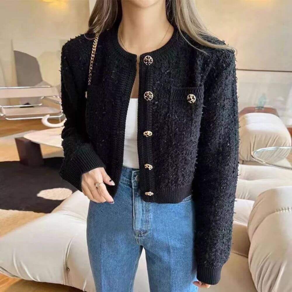 Gilet femme court à boutons – maille texturée beige manches longues