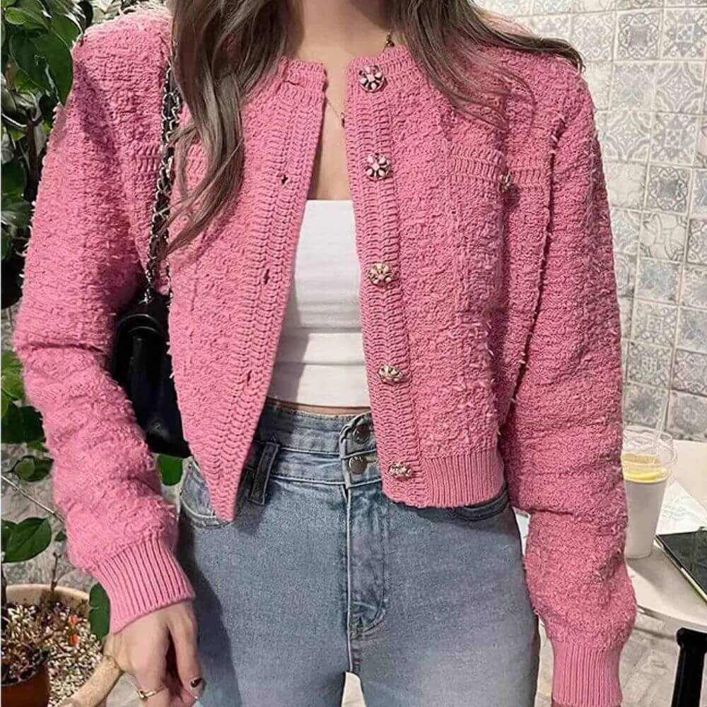 Gilet femme court à boutons – maille texturée beige manches longues