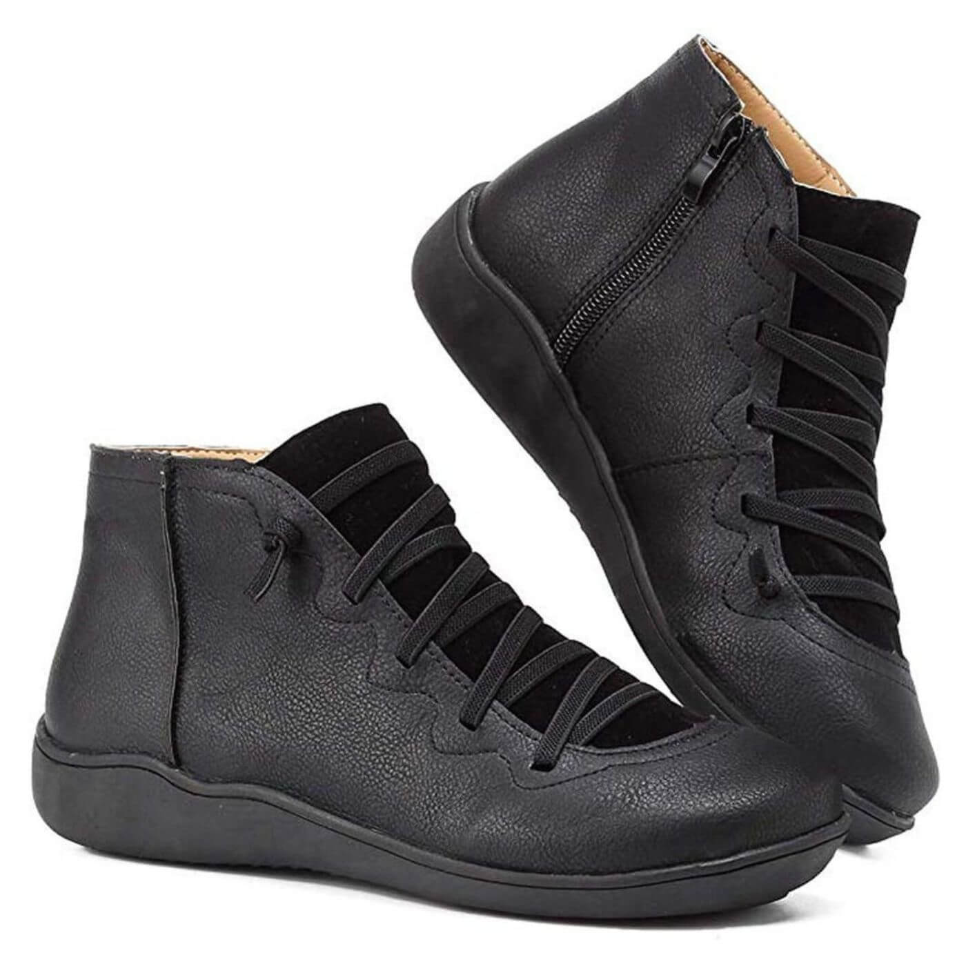 Chaussures Posh Paris Claire noires – bottines intemporelles et polyvalentes avec lacets souples et fermeture éclair latérale.