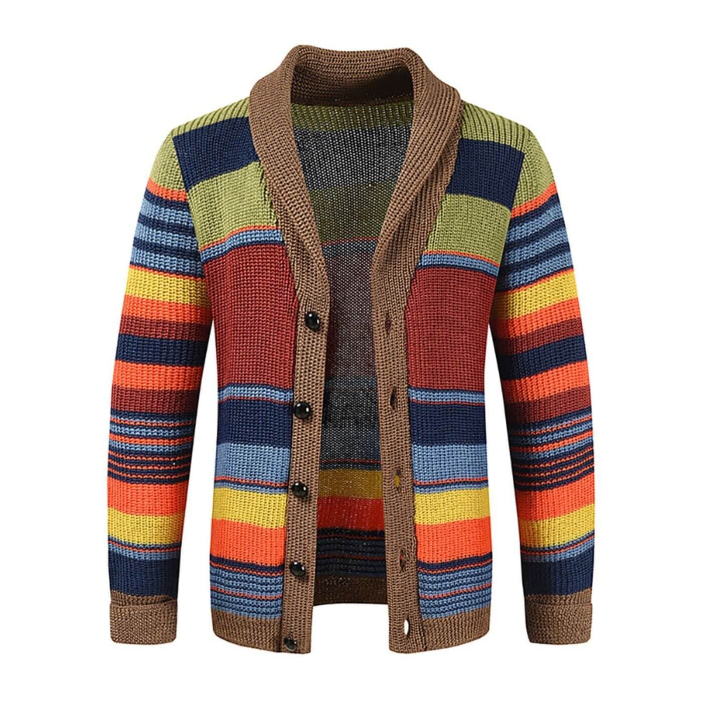 Cardigan à rayures multicolores avec fermeture boutonnée et texture tricotée chaude.