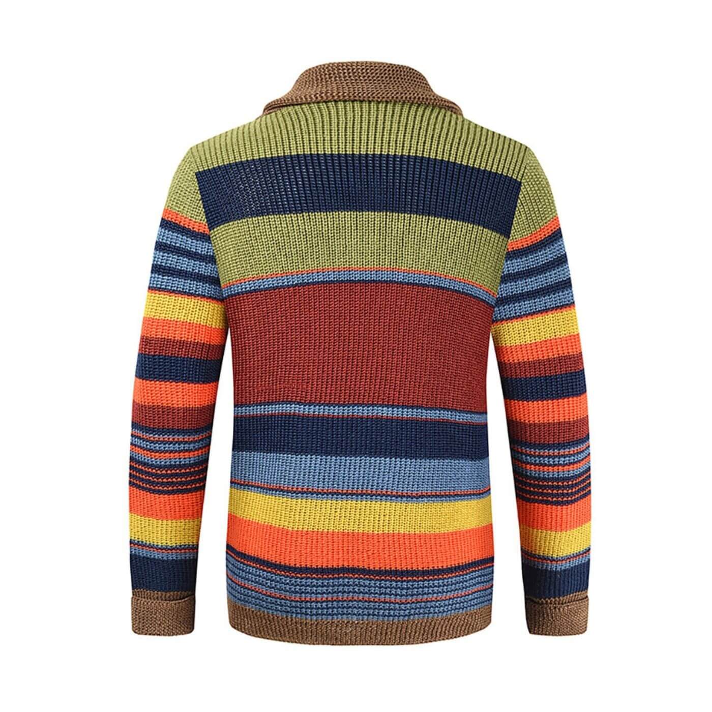 Vue arrière d’un cardigan tricoté à rayures avec des couleurs vibrantes.