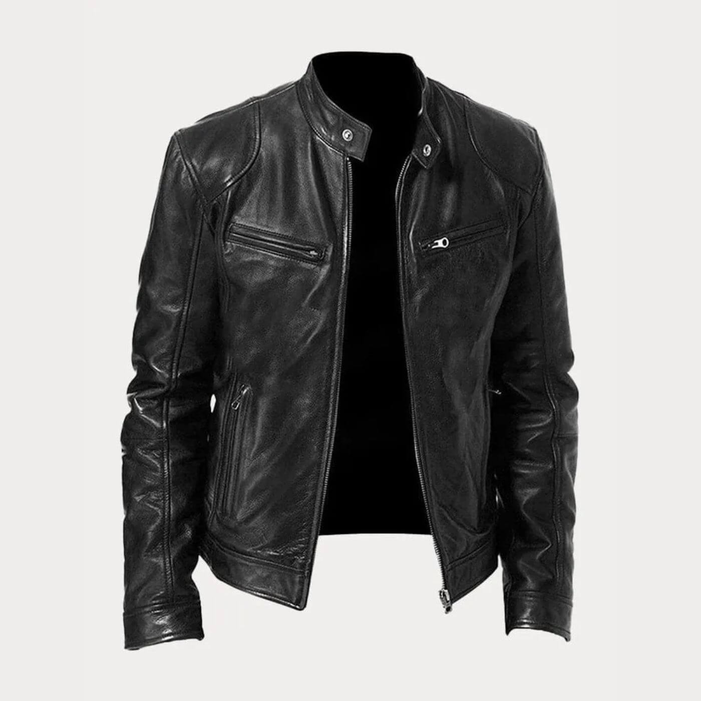 Blouson en cuir noir avec design élégant et détails zippés.