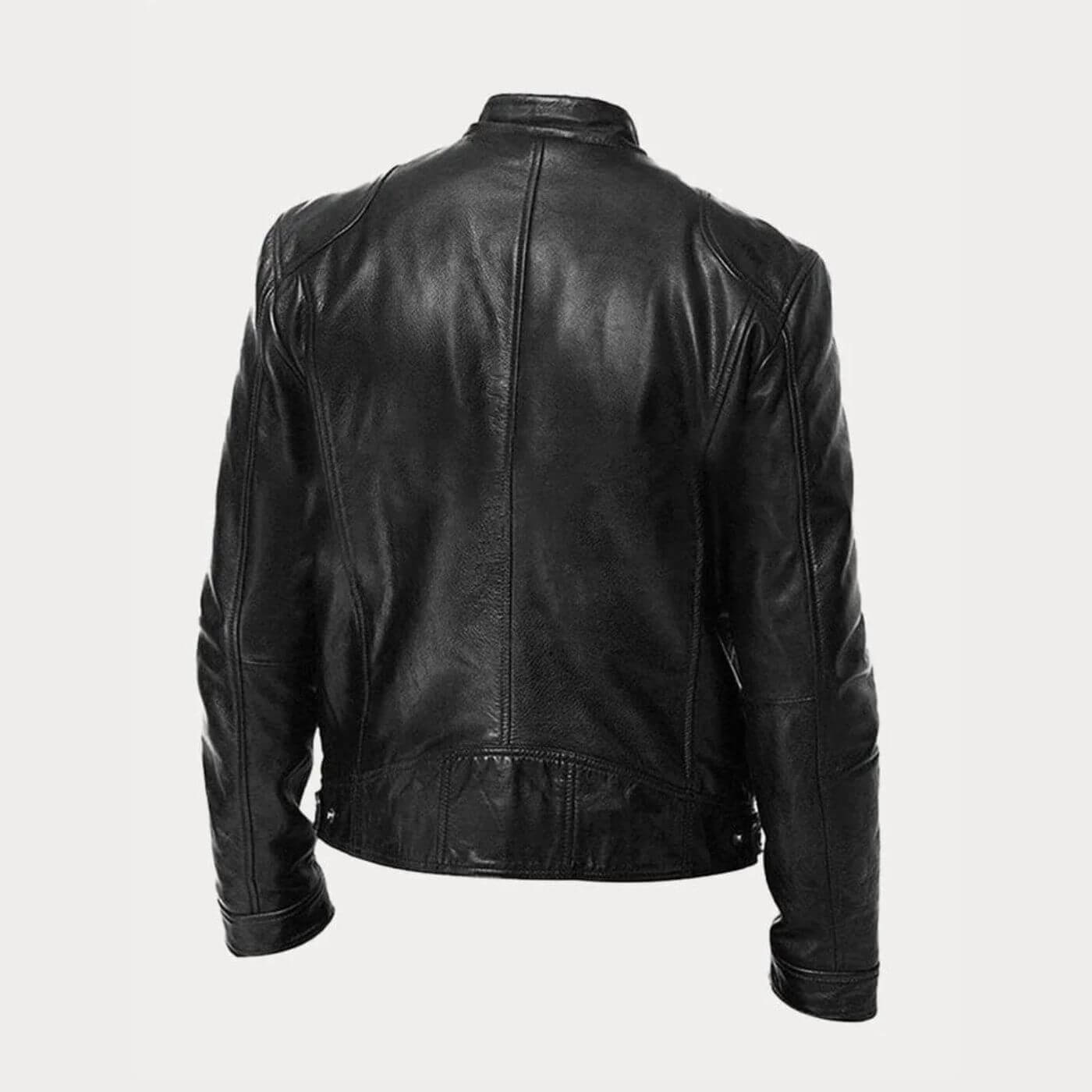 Vue arrière d'un blouson en cuir noir avec surpiqûres classiques.