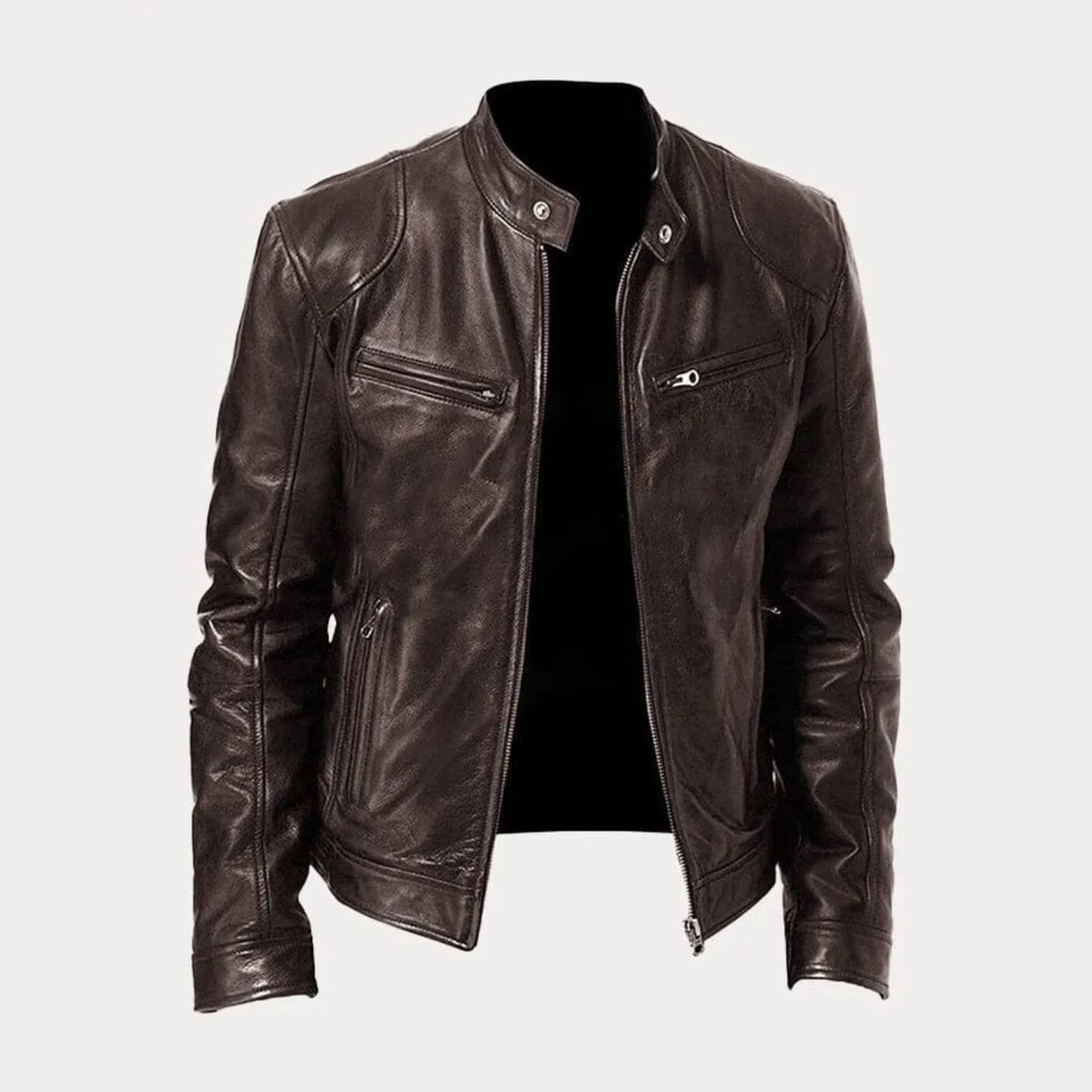 Blouson en cuir marron avec accents zippés et col pression.