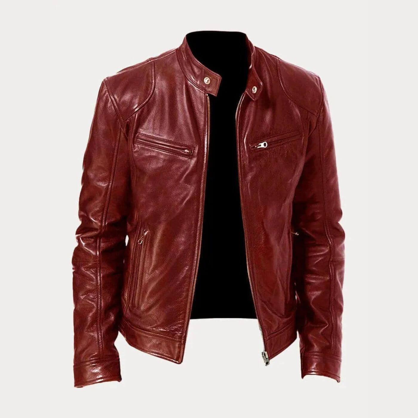 Blouson en cuir rouge au style vintage et finition élégante.