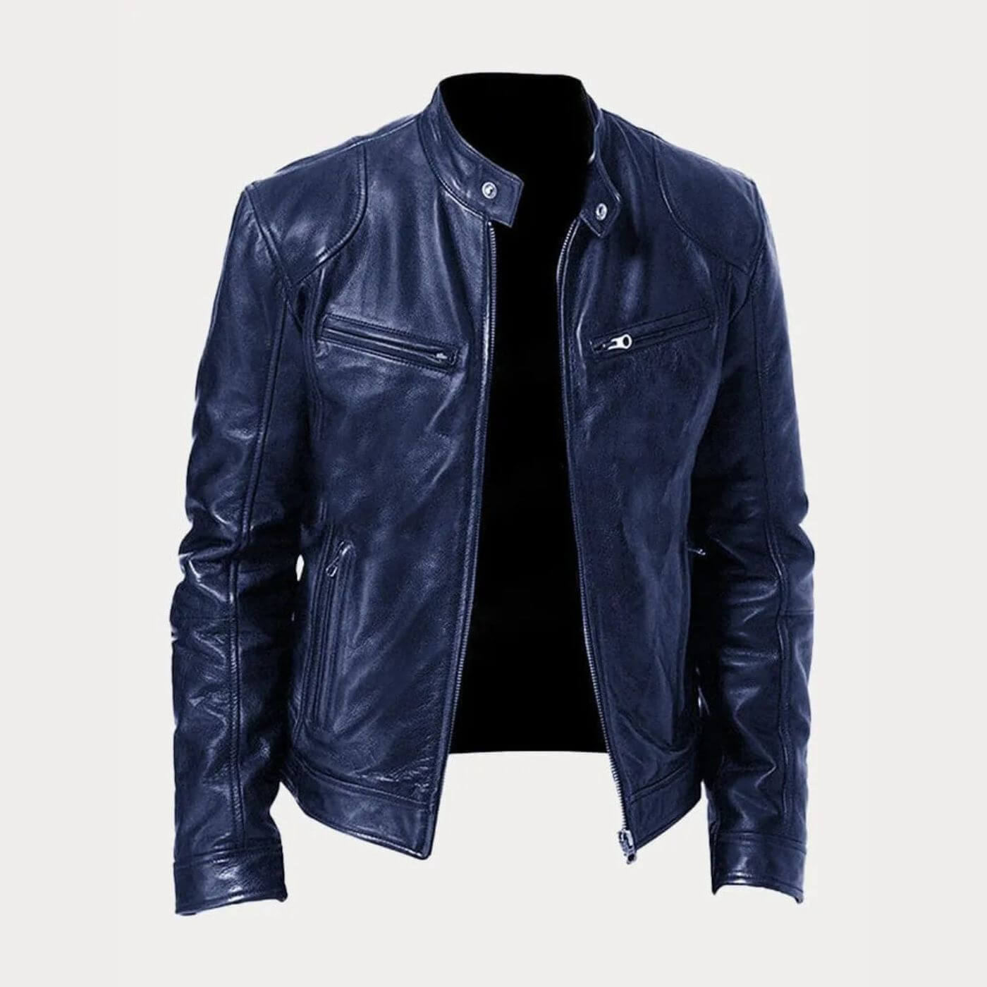Blouson en cuir bleu avec design minimaliste.
