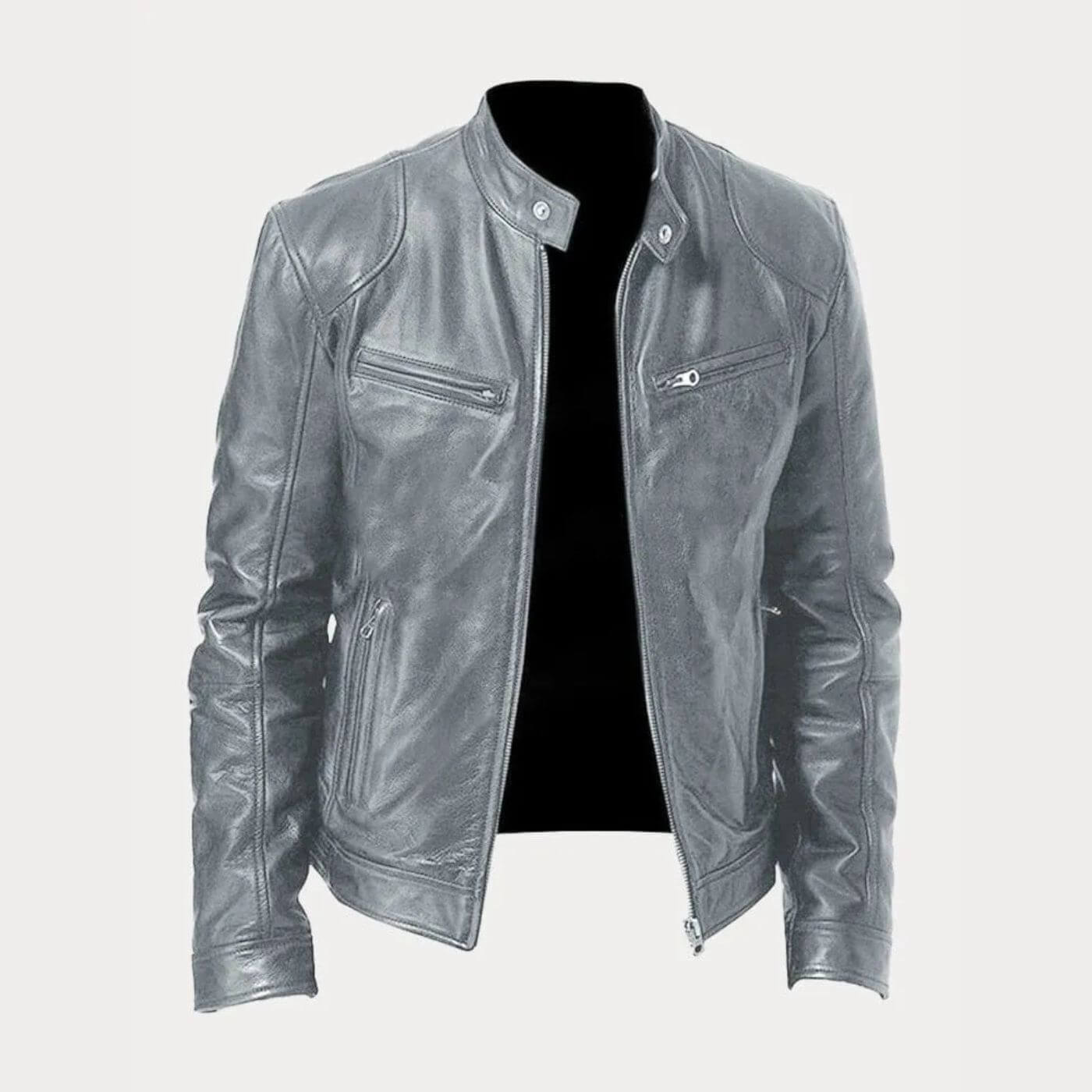 Blouson en cuir argenté avec un éclat métallique et un style intemporel.
