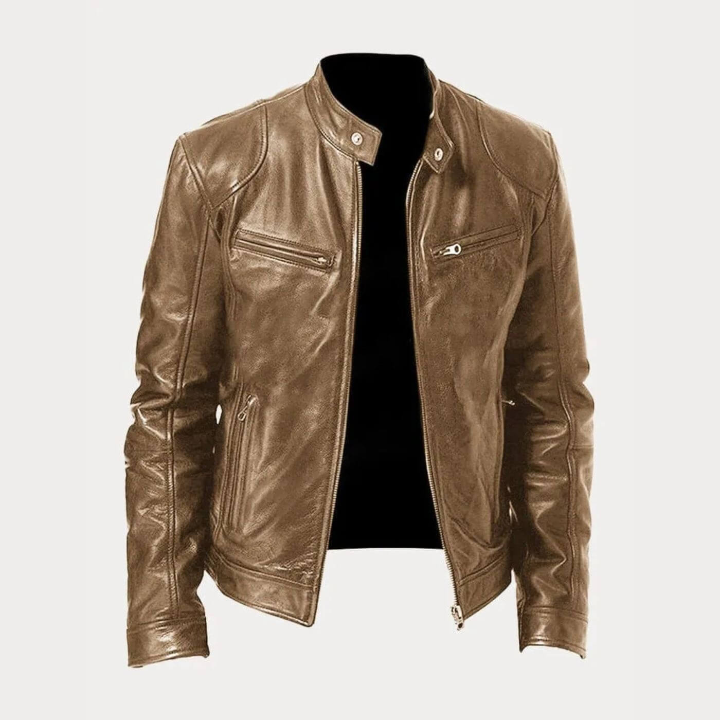 Blouson en cuir Kaki clair avec un look contemporain et lisse.