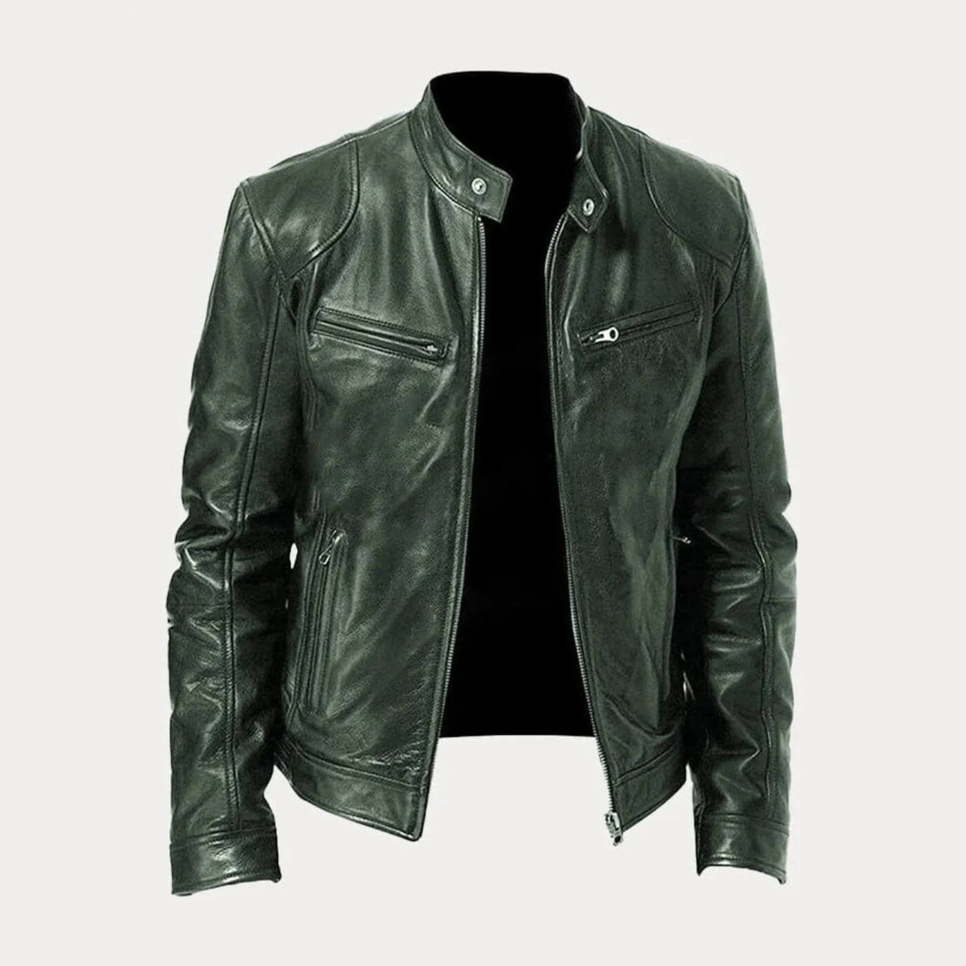 Blouson en cuir vert avec coupe moderne et finition premium.