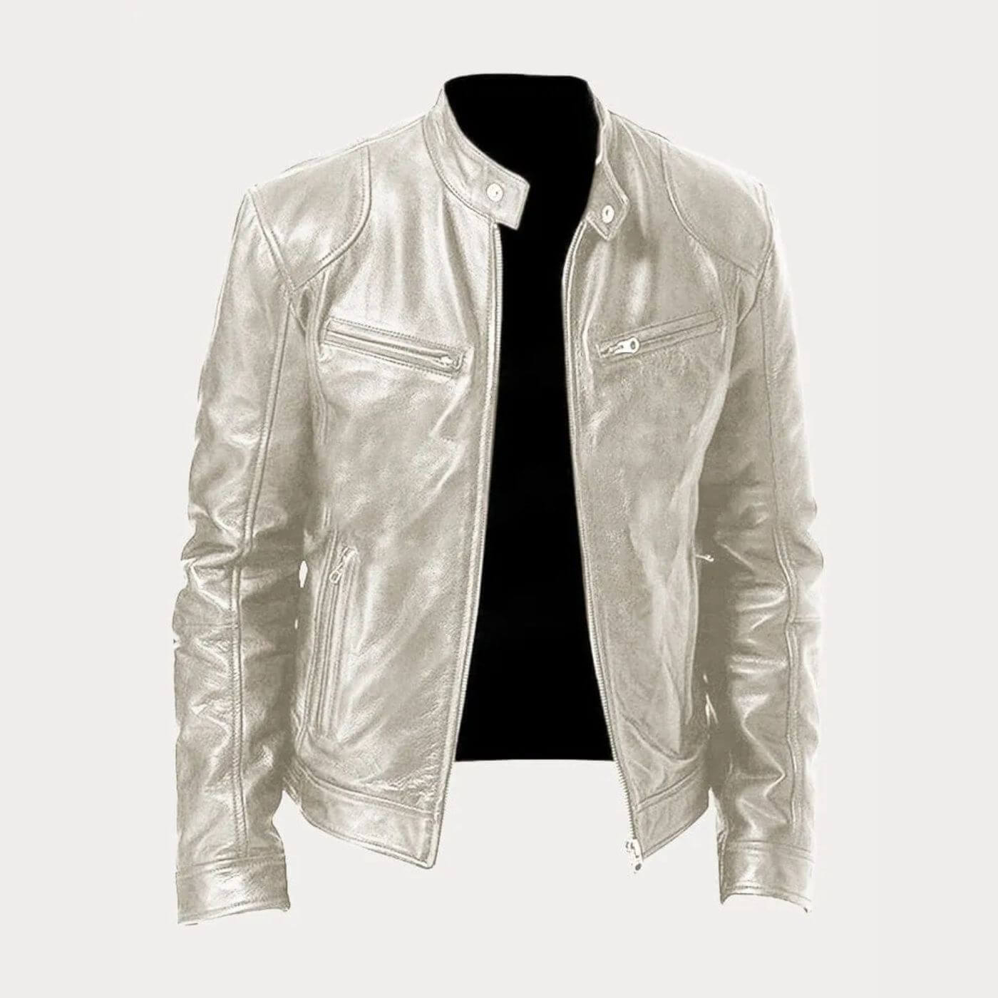 Veste en cuir argentée au design moderne et élégant.