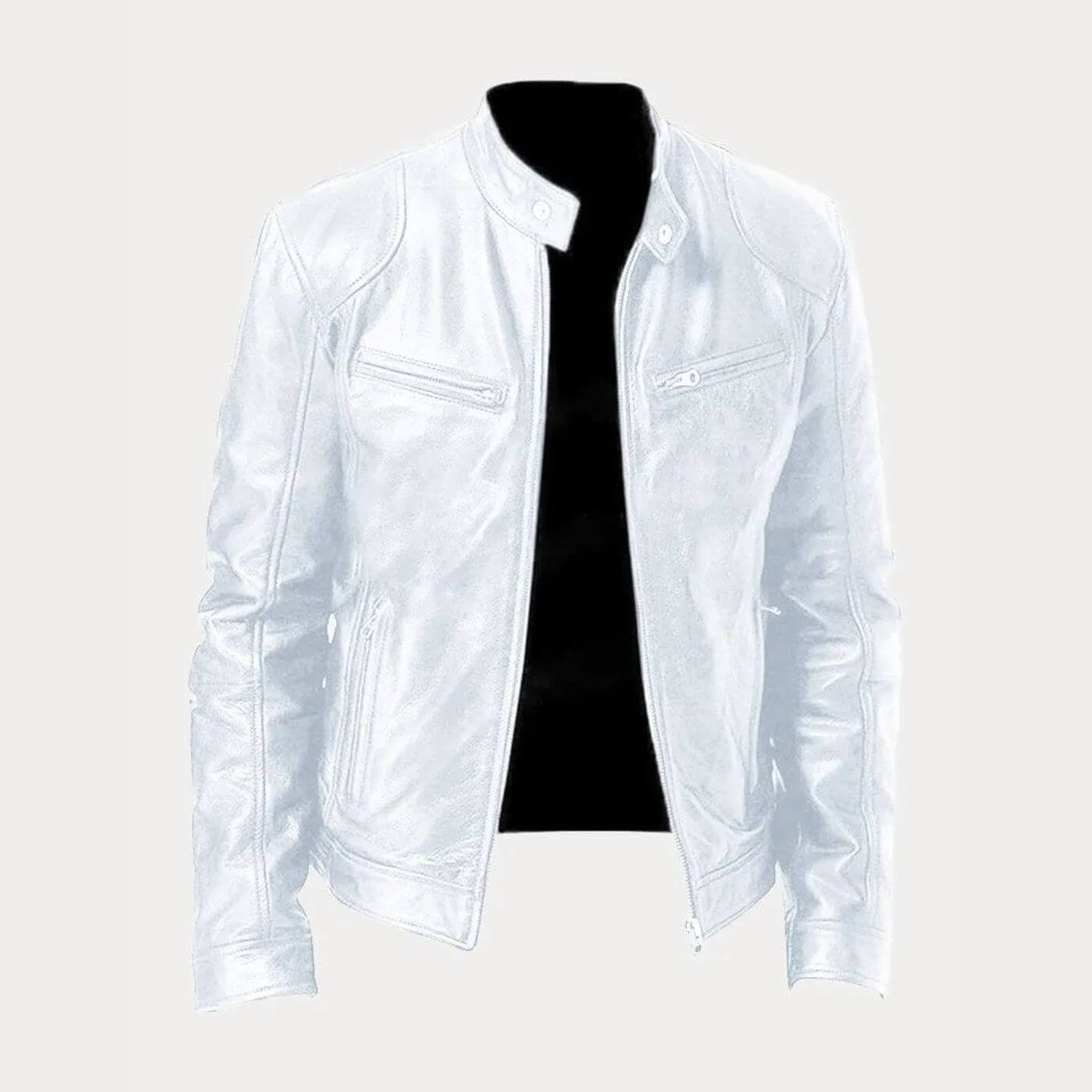 Veste en cuir blanche au style minimaliste.