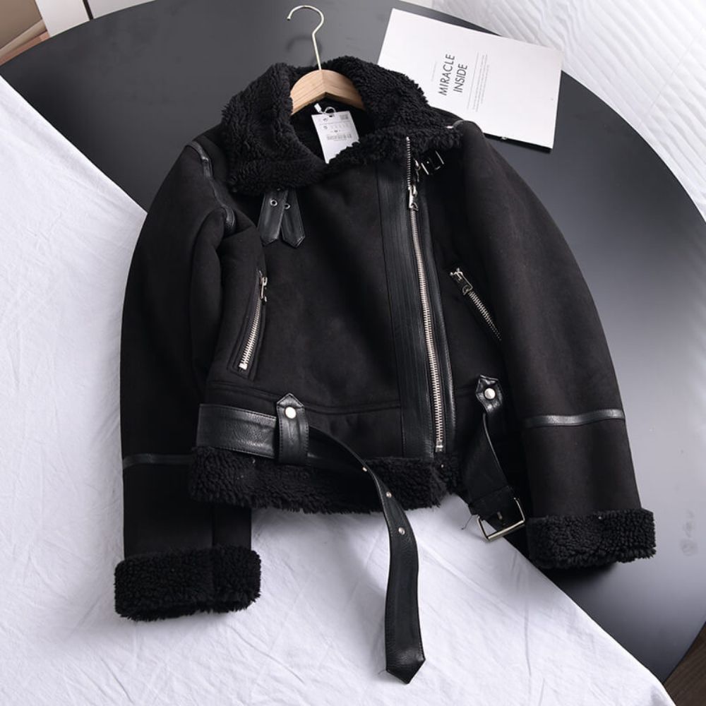 Veste femme courte doublée chaude – col large et fermeture zippée