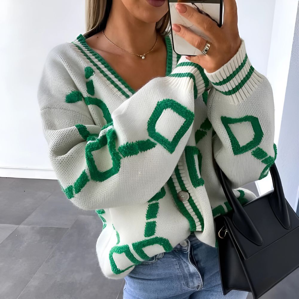 Cardigan femme oversize – col V rose à motifs verts