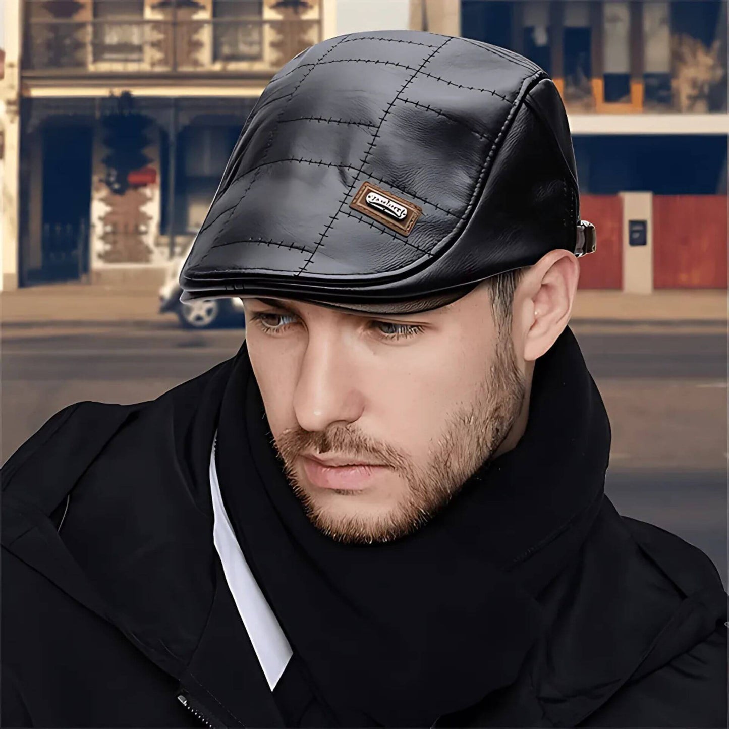 Casquette plate en cuir noir – chapeau élégant et moderne inspiré du vintage pour homme.