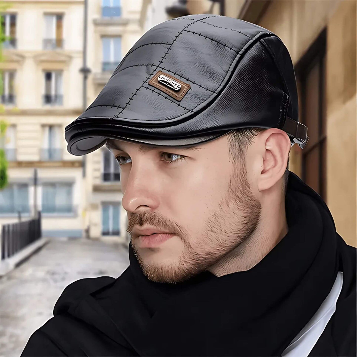 Casquette en cuir noir matelassé pour homme – casquette plate stylée pour un usage quotidien.