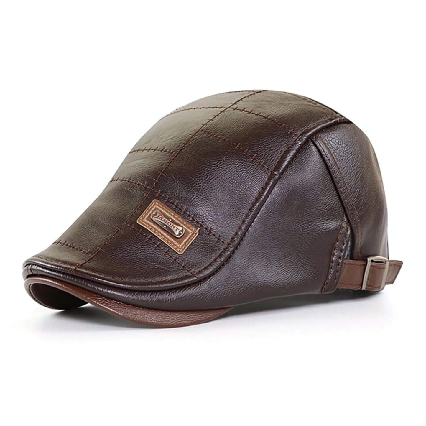Casquette plate en cuir marron foncé – couvre-chef masculin sophistiqué et intemporel.
