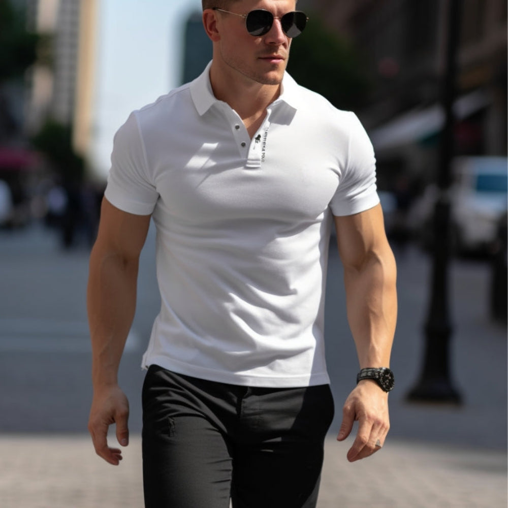 Polo homme noir ajusté – manches courtes col boutonné