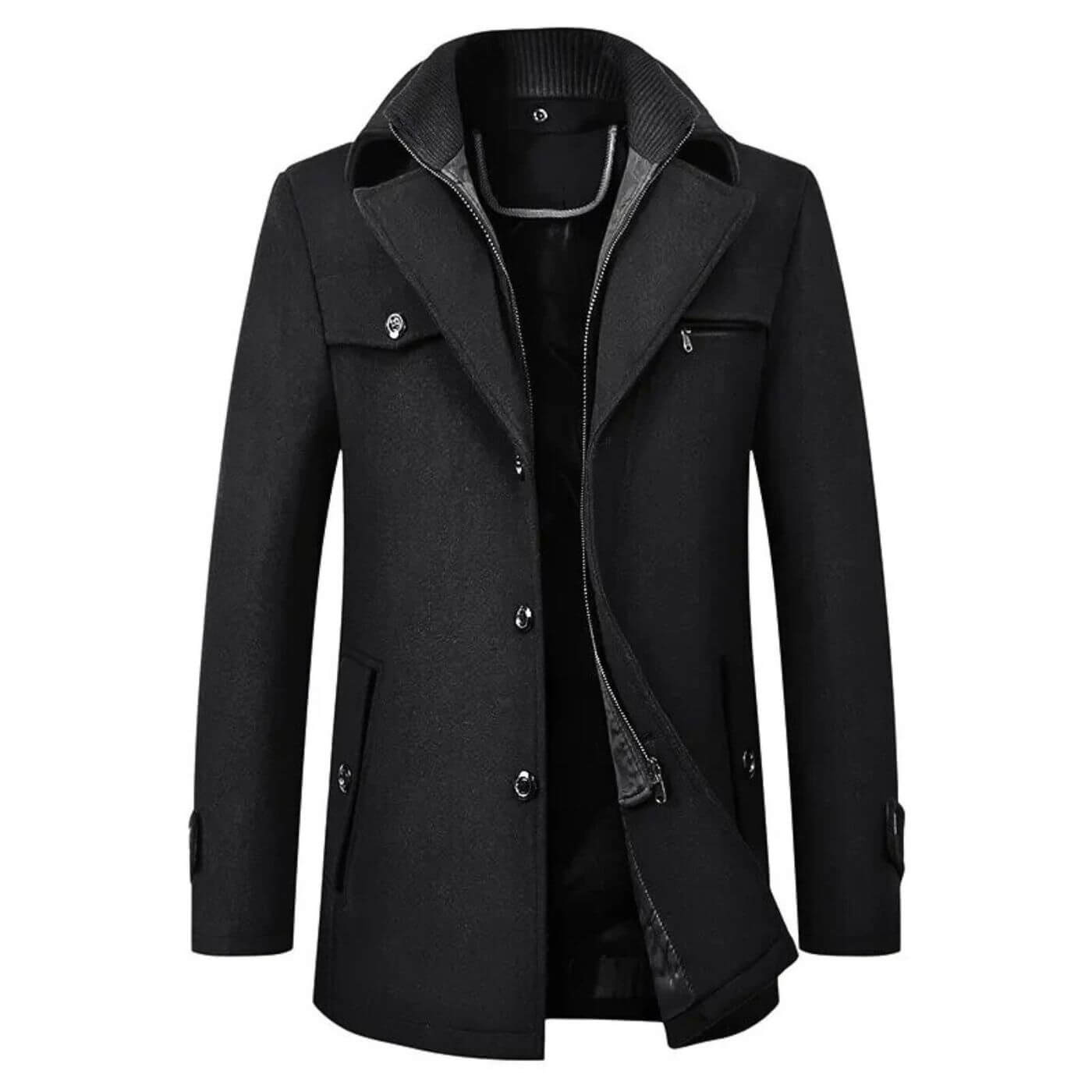 Manteau en laine noir pour homme – Manteau classique d’hiver avec silhouette structurée.