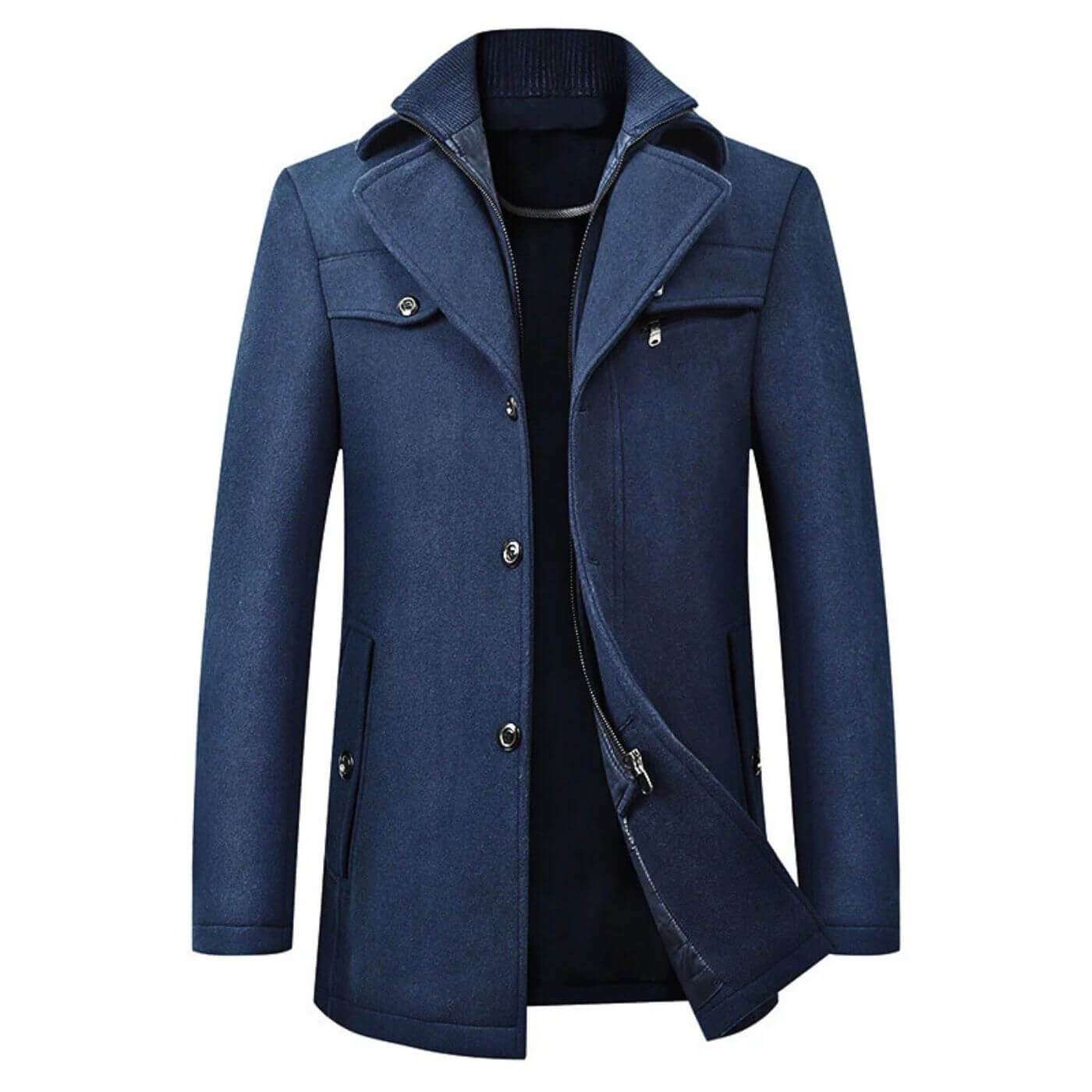 Manteau en laine bleu marine pour homme – Manteau d’hiver élégant avec fermeture éclair et boutons.