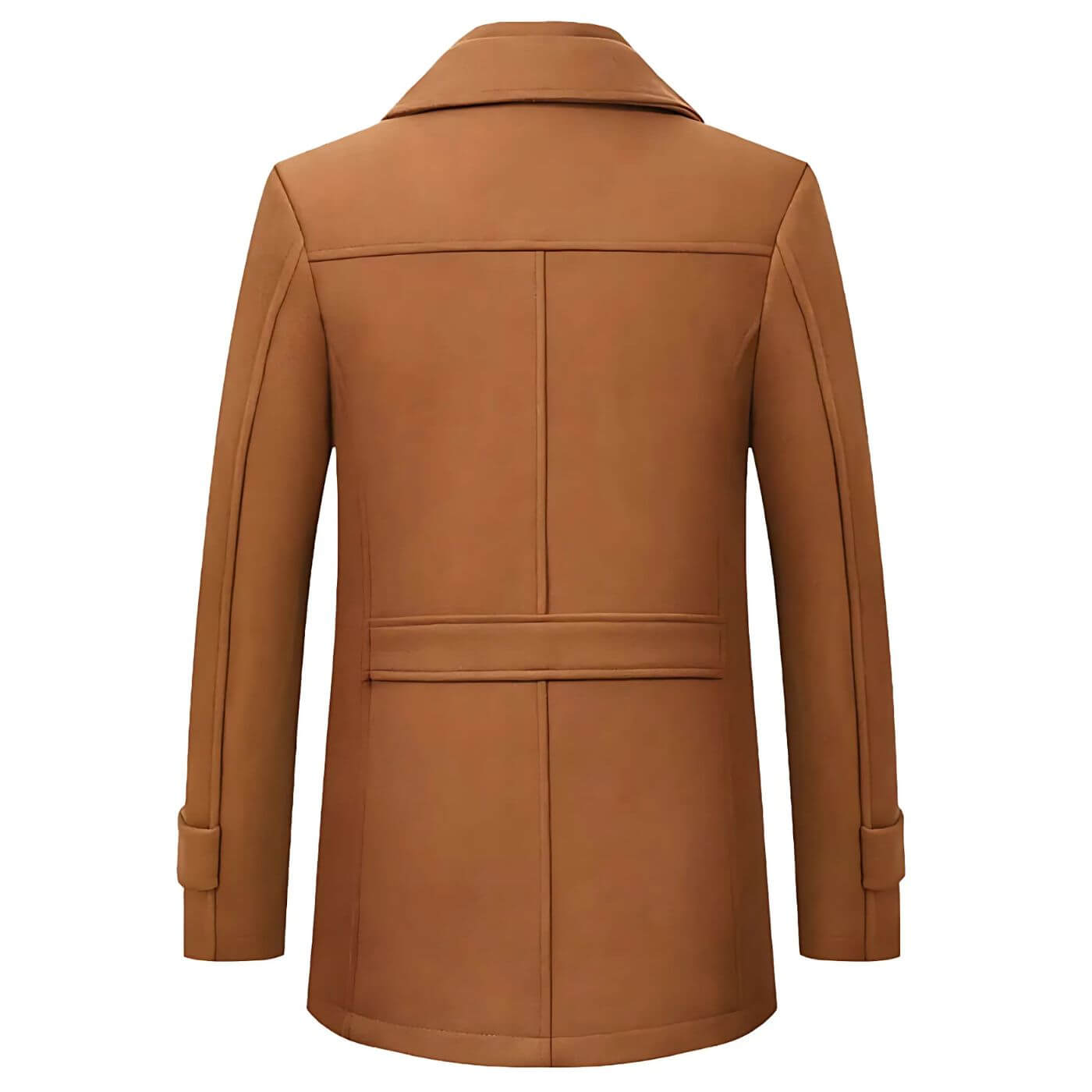 Vue arrière du manteau camel – Manteau d’hiver élégant pour homme avec coupe ajustée.