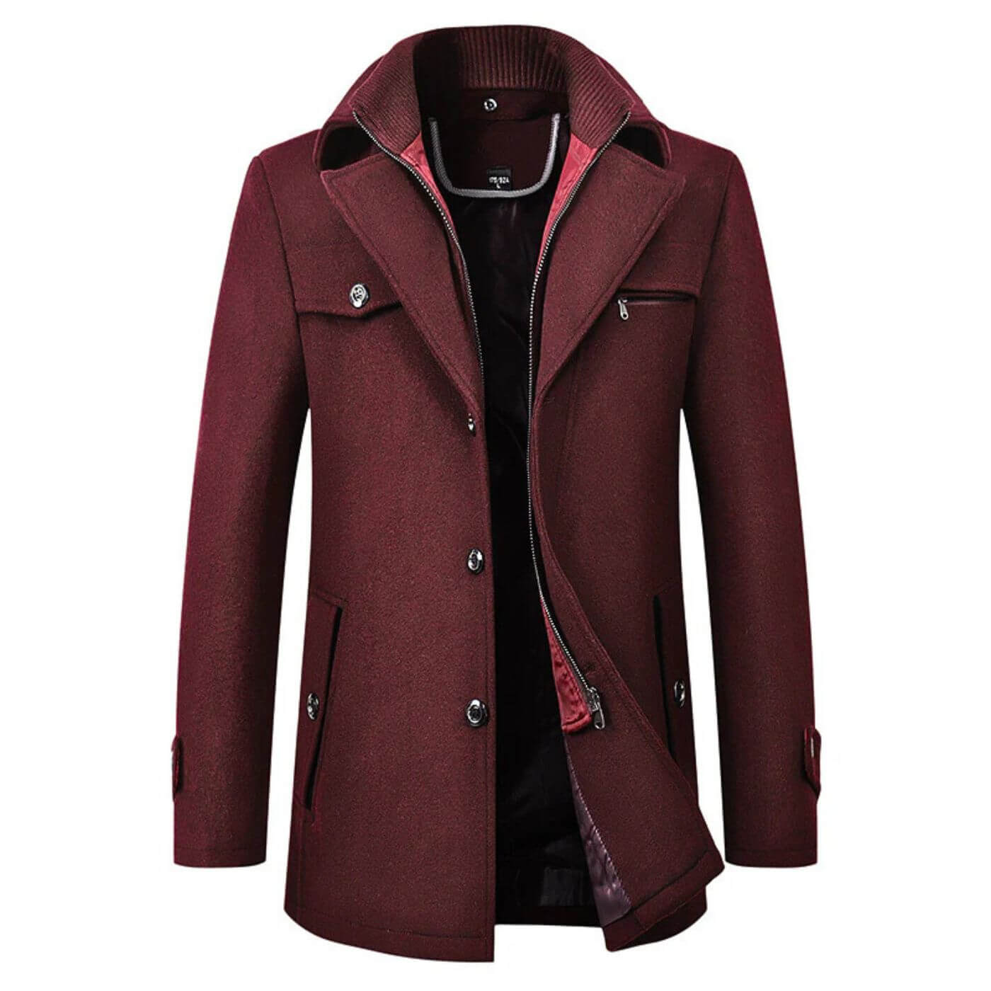 Manteau en laine bordeaux pour homme – Manteau rouge foncé avec col haut et doublure chaude.