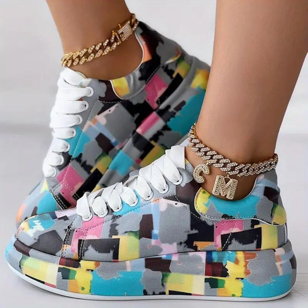 Baskets Femme à Semelle Plateforme, Design Multicolore à Lacets