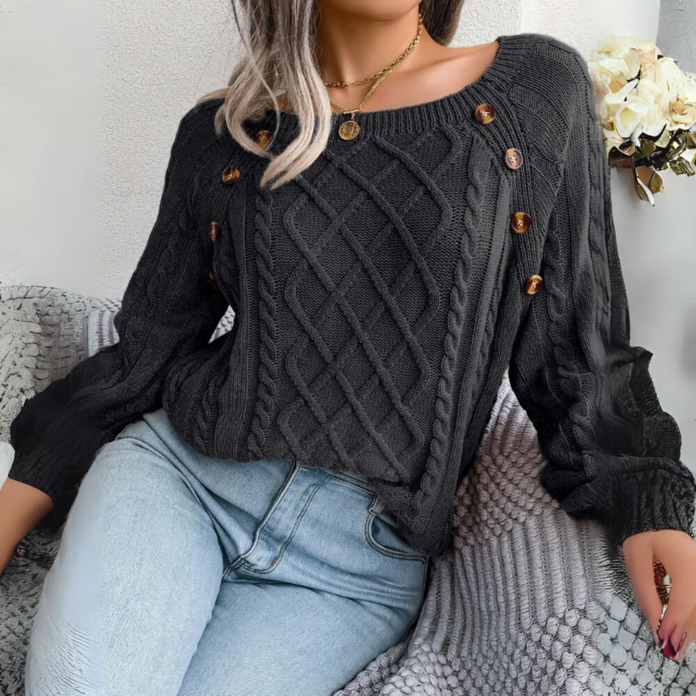 Pull femme torsadé noir – manches longues col rond avec boutons
