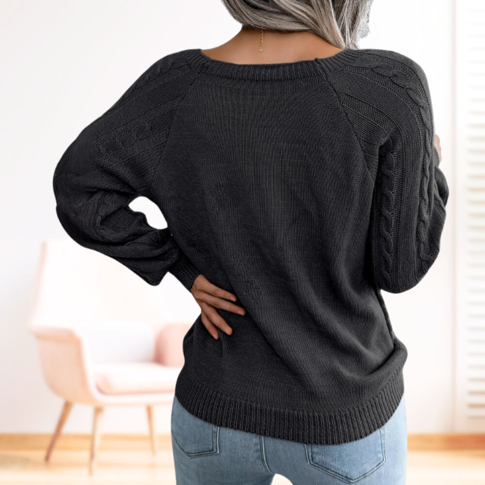 Pull femme torsadé noir – manches longues col rond avec boutons