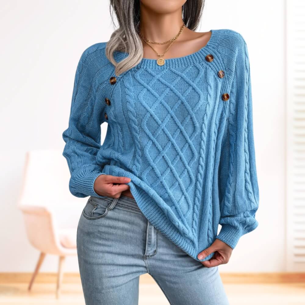 Pull femme torsadé noir – manches longues col rond avec boutons