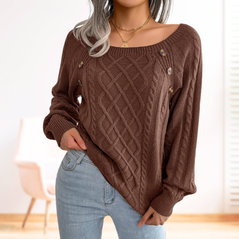 Pull femme torsadé noir – manches longues col rond avec boutons