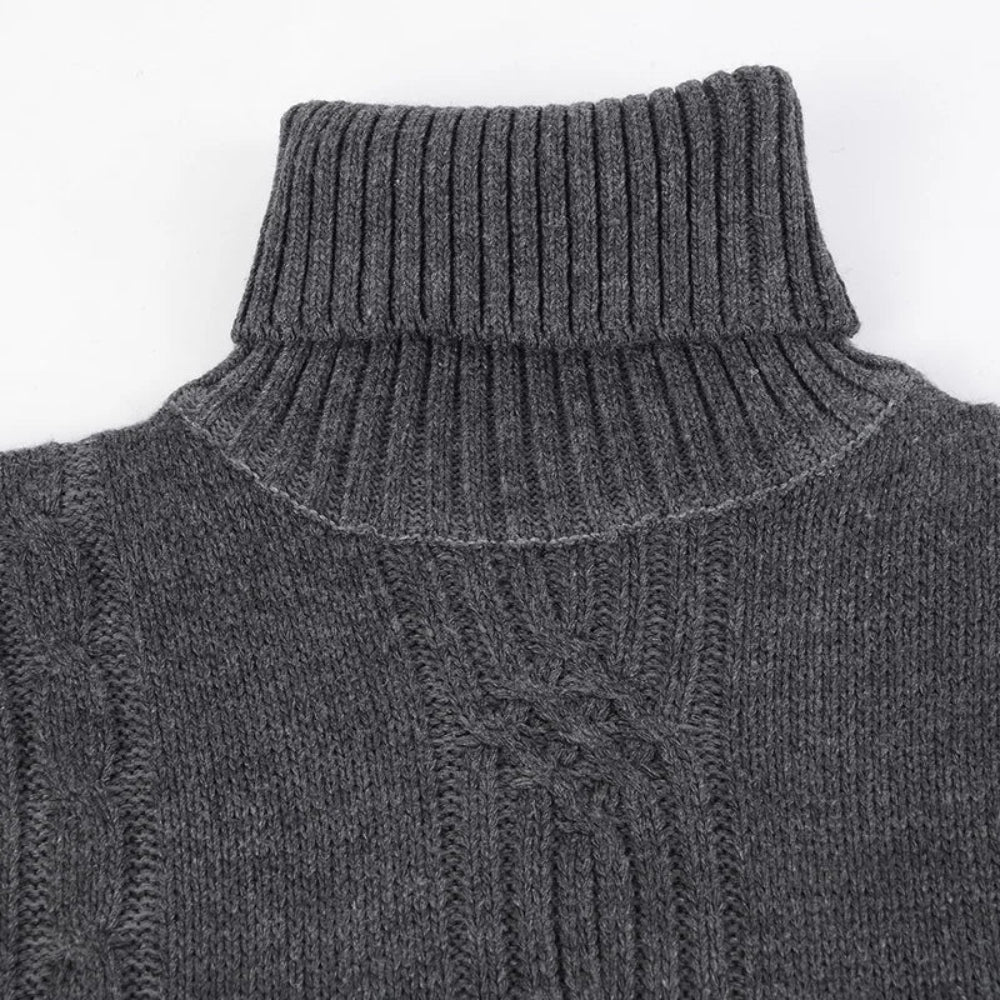 Pull homme gris torsadé – col roulé ajusté à manches longues