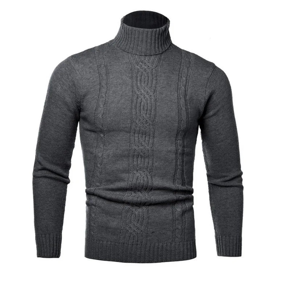 Pull homme gris torsadé – col roulé ajusté à manches longues