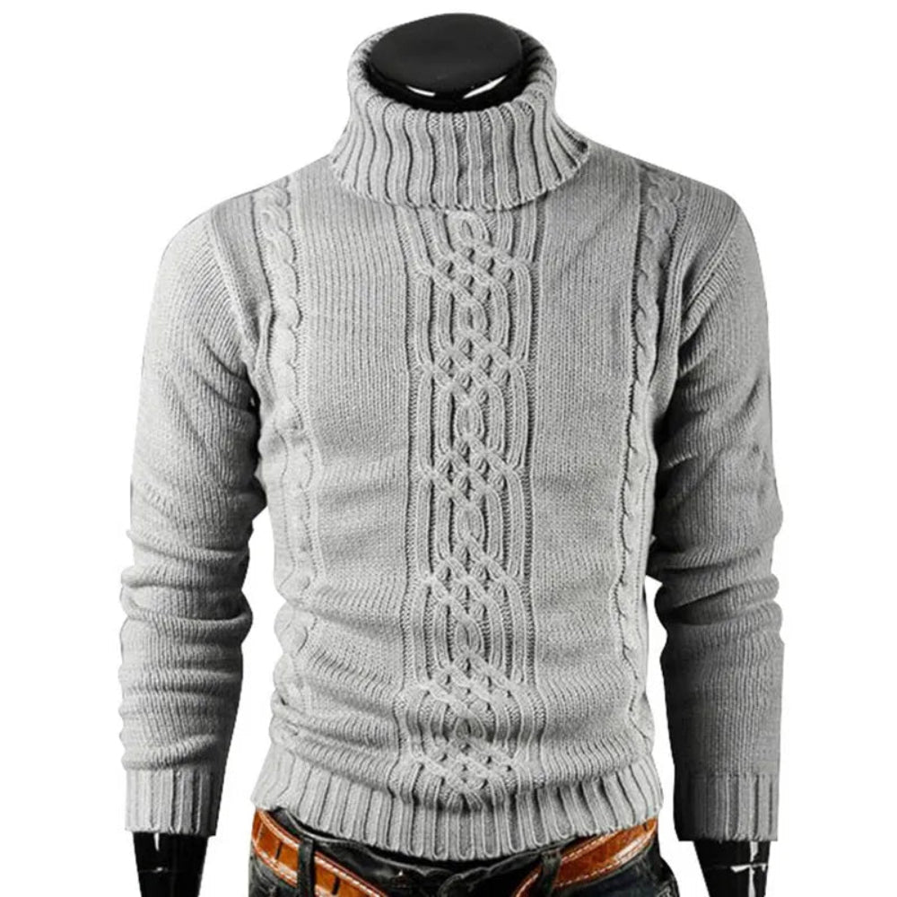 Pull homme gris torsadé – col roulé ajusté à manches longues