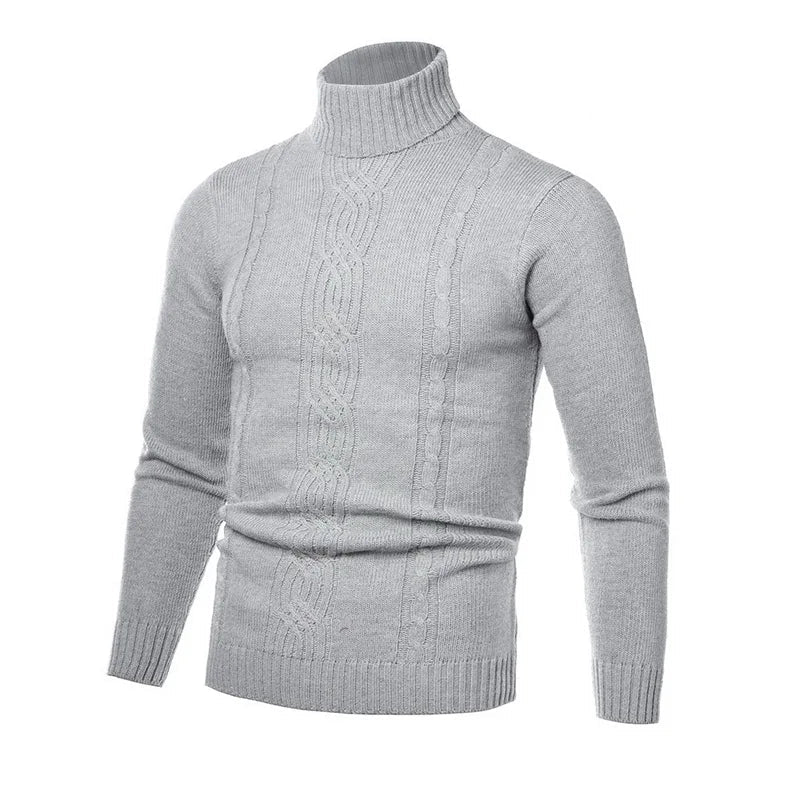 Pull à col roulé en coton gris avec motif câblé