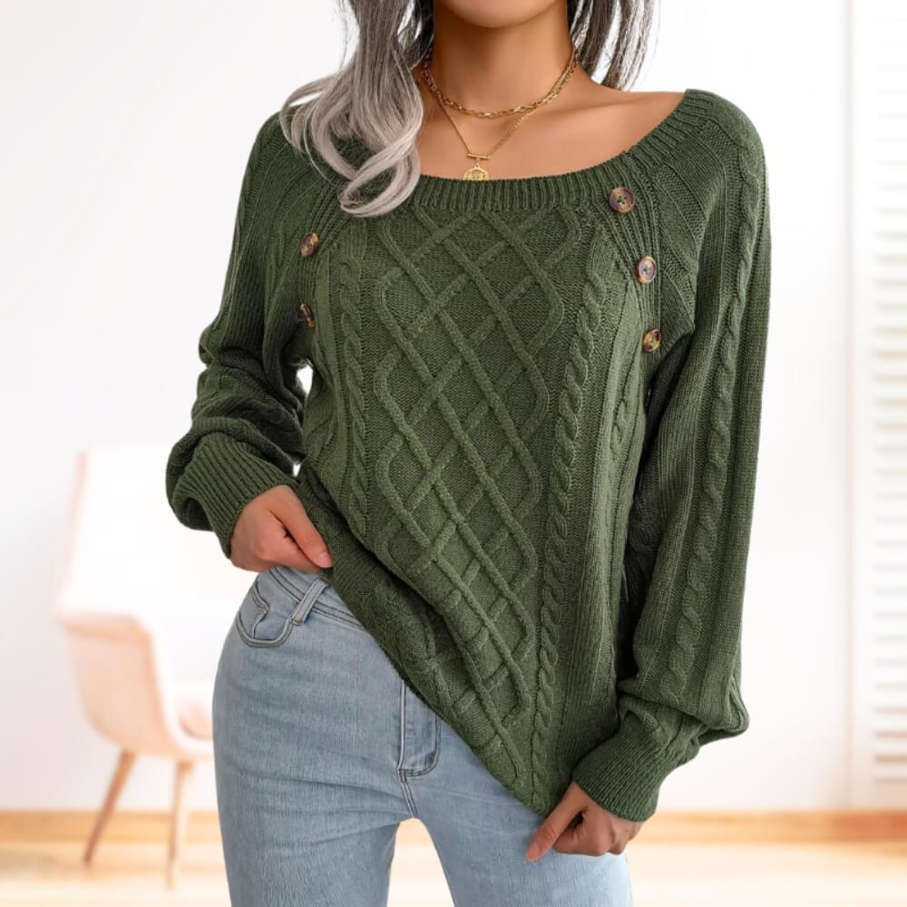 Pull femme torsadé noir – manches longues col rond avec boutons