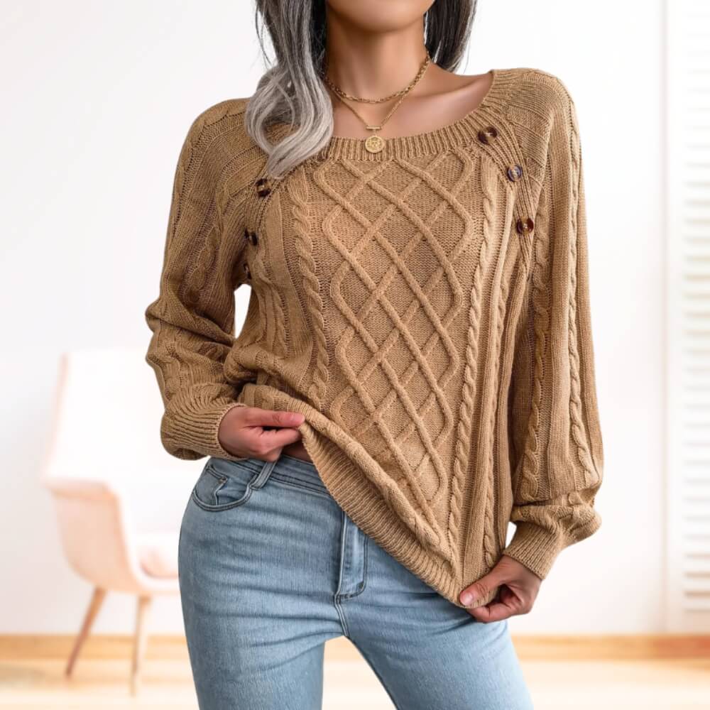 Pull femme torsadé noir – manches longues col rond avec boutons