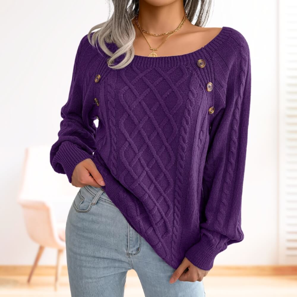 Pull femme torsadé noir – manches longues col rond avec boutons