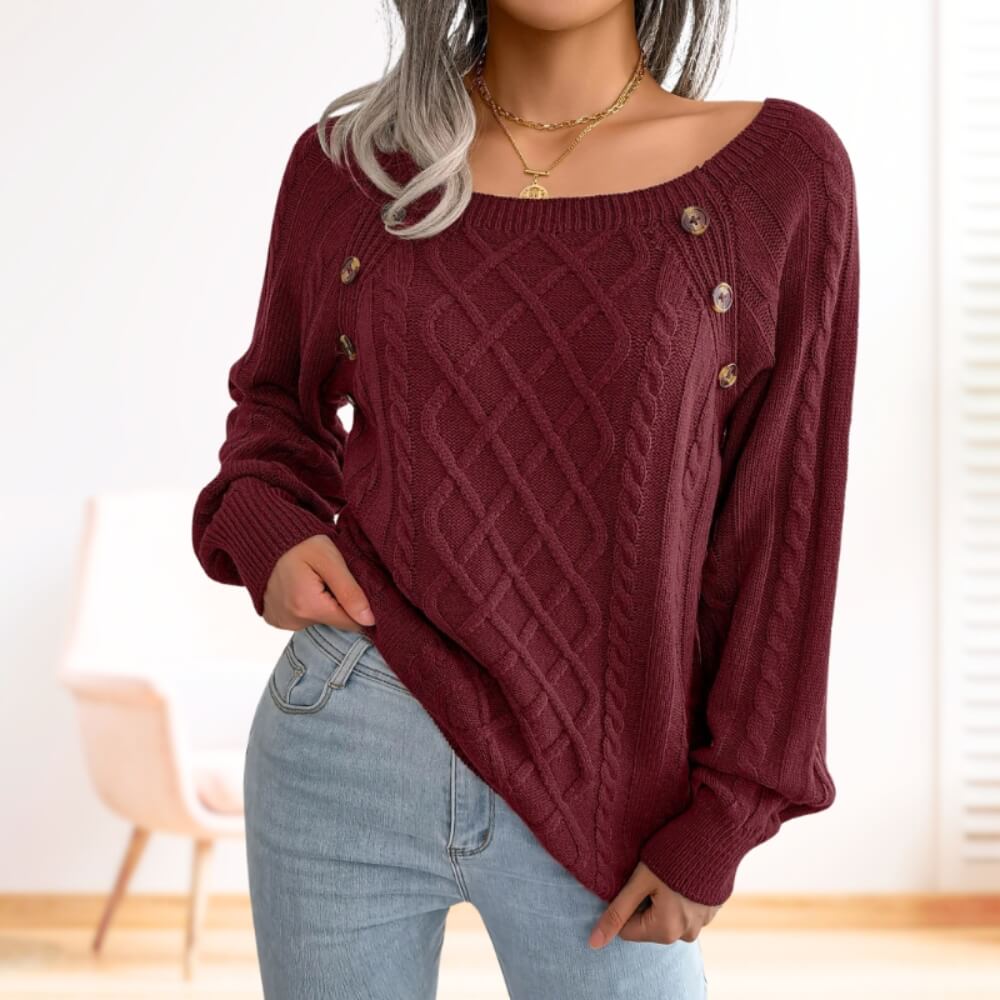 Pull femme torsadé noir – manches longues col rond avec boutons