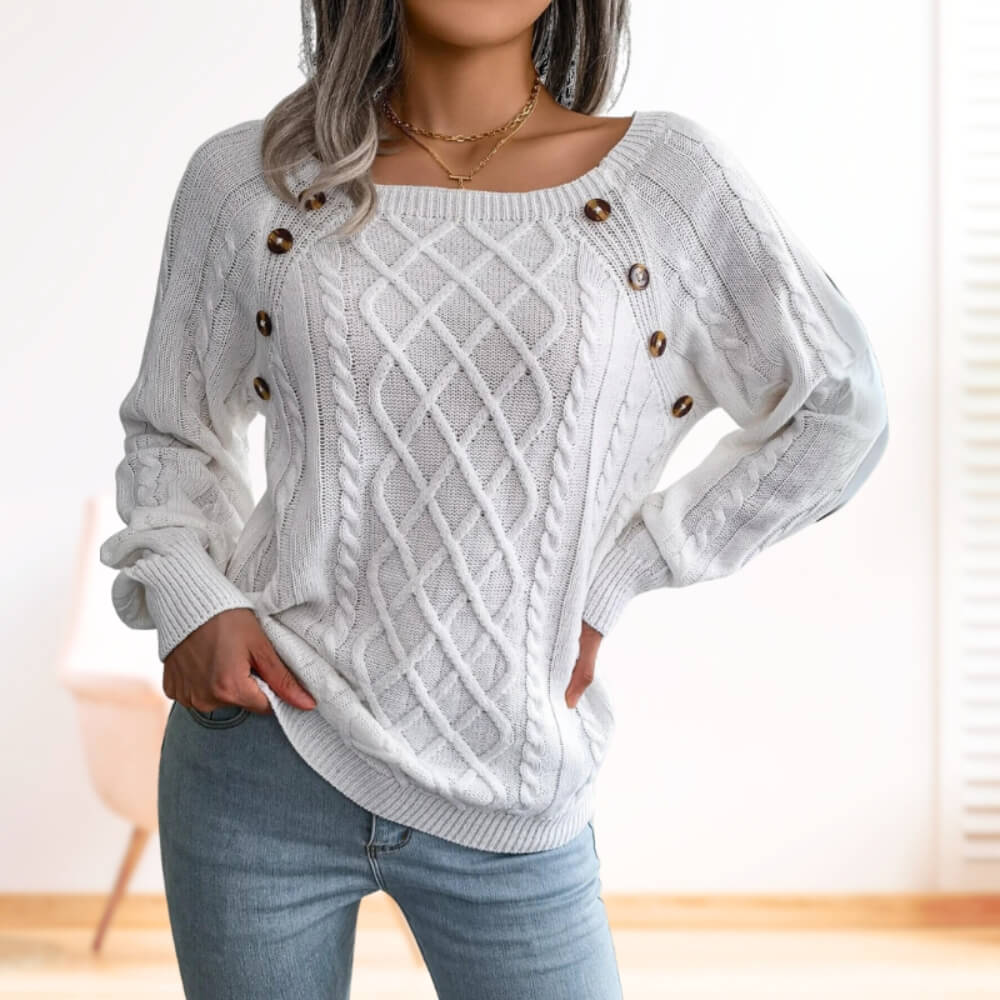 Pull femme torsadé noir – manches longues col rond avec boutons