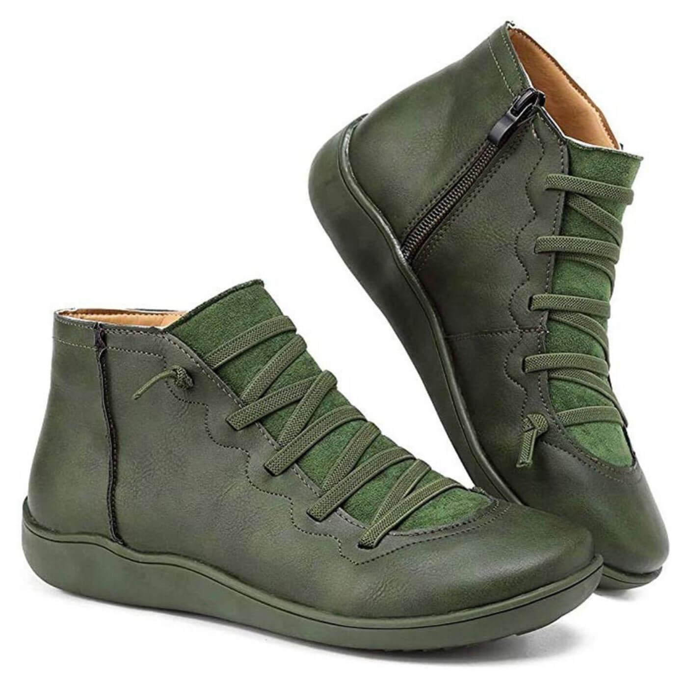 Chaussures Posh Paris Claire vert olive – bottines élégantes et confortables avec lacets souples et fermeture éclair latérale.
