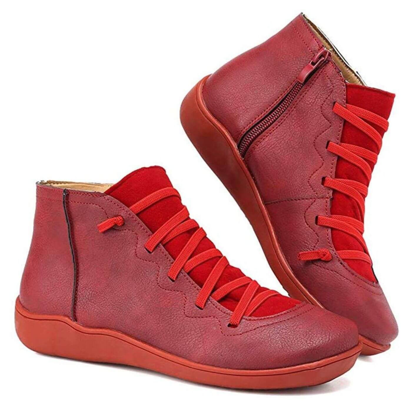 Chaussures Posh Paris Claire rouges – bottines audacieuses et tendance avec lacets souples, fermeture éclair latérale et confort amorti.