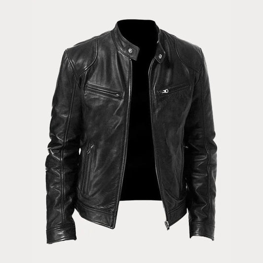 Blouson en cuir noir avec design élégant et détails zippés.