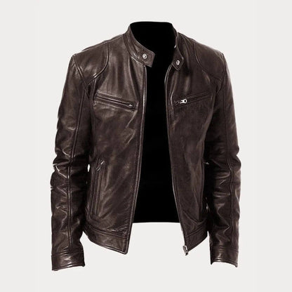 Blouson en cuir marron avec accents zippés et col pression.