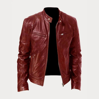 Blouson en cuir rouge au style vintage et finition élégante.