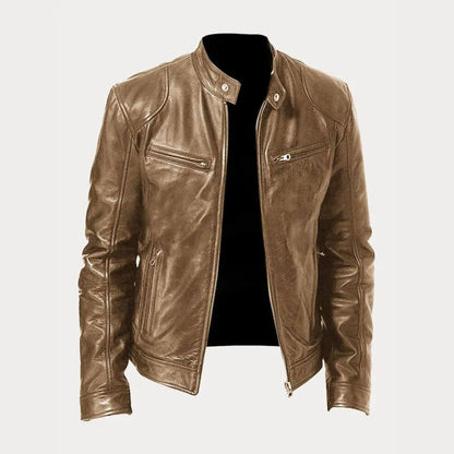 Blouson en cuir Kaki clair avec un look contemporain et lisse.