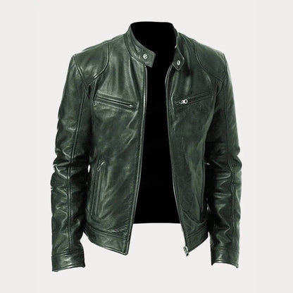Blouson en cuir vert avec coupe moderne et finition premium.