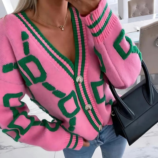 Cardigan femme oversize – col V rose à motifs verts
