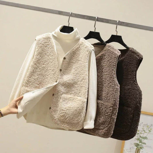 Gilets sans manches en fausse fourrure pour femmes en beige, marron et brun foncé, avec boutons et poches avant, suspendus sur des cintres.