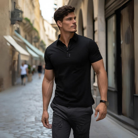 Polo homme noir ajusté – manches courtes col boutonné