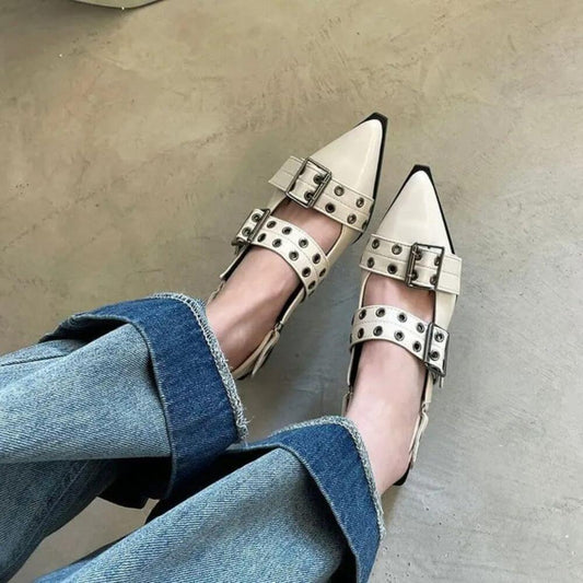 Ballerines femme bout pointu – beige à brides bouclées